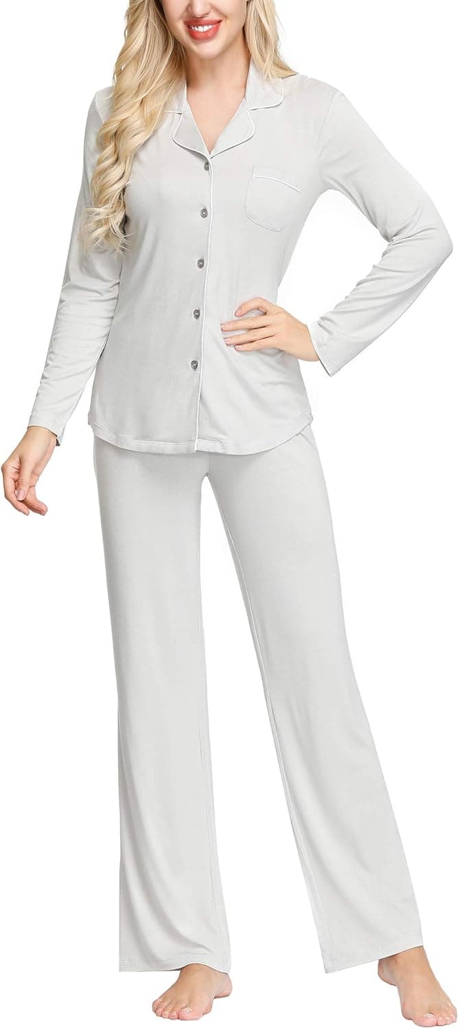 INK+IVY Rayon Long Sleeve Button Top & Trouser Pajama Set, Casual Soft Breathable Sleepwear