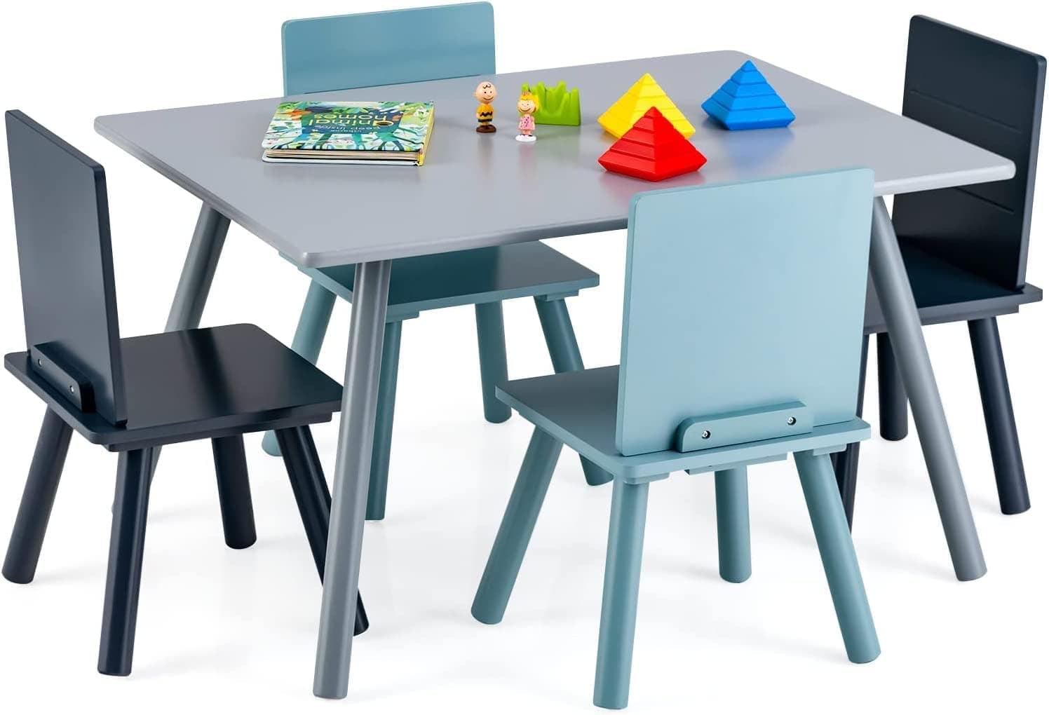 HONEY JOY Kids Table and Chair Set, Pine Wood Toddler Table and 4 Chair Set w/Building Blocks, 5 Pieces Children Furniture Set for Daycare, Classroom, Playroom, Gift for Boys Girls (Blue)