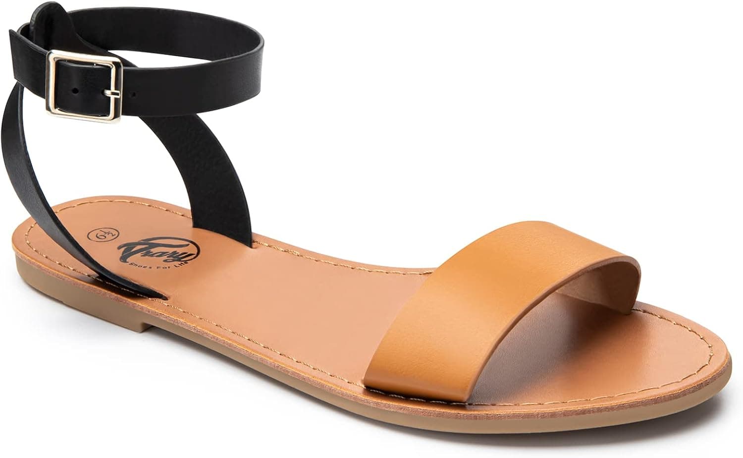 Trary Sandals for Women Dressy Summer, Leather Flat Sandals for Women, Ankle Strap Gladiator Sandals, Cute Open Toe One Band Two Tone Sandals, Adjustable Metal Buckle Sandals, Comfortable Wedding Sandals for Women