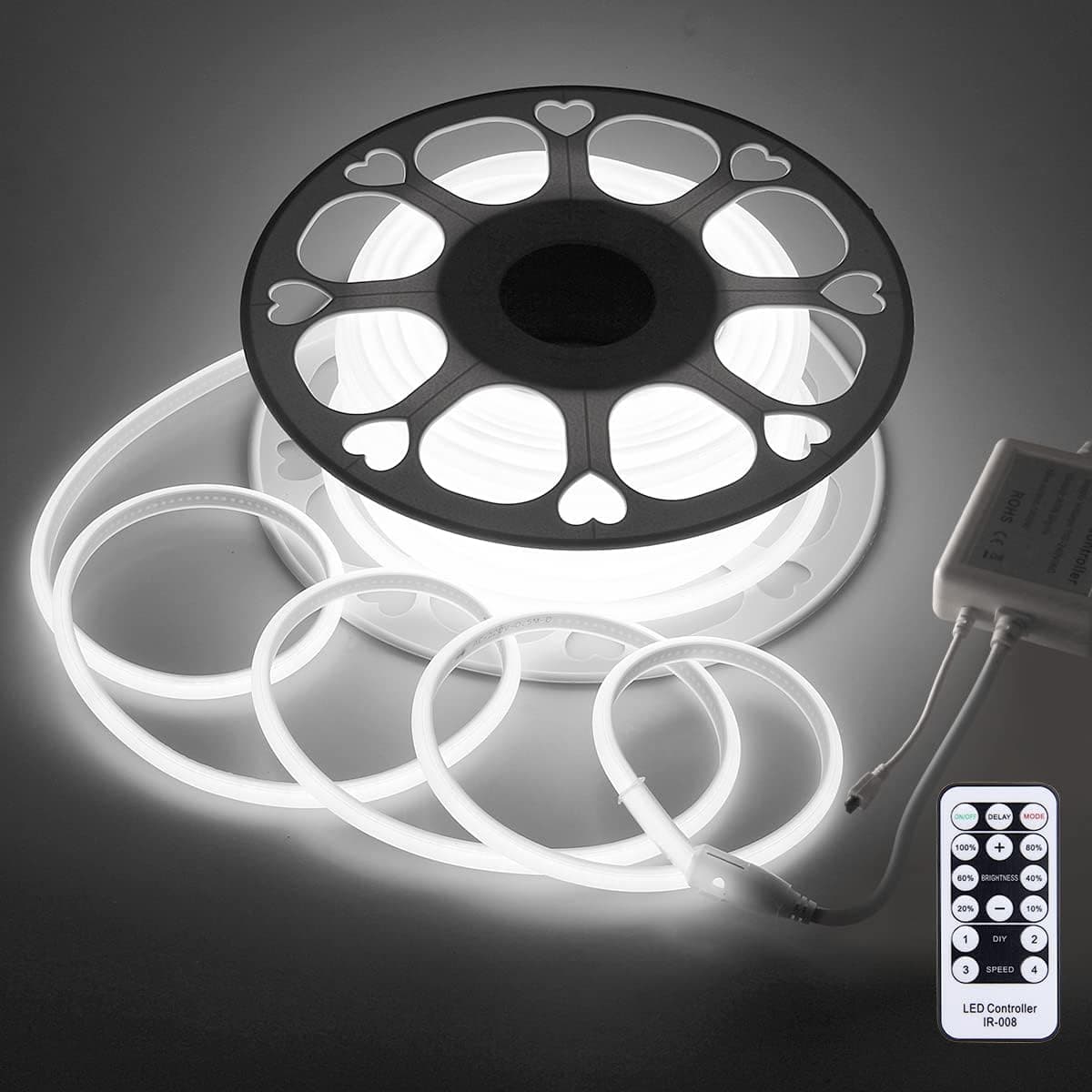Aclorol 20M White COB LED Strip Lights Outdoor Waterproof Flexible FCOB COB Light Strip Dimmable Cold White AC 100-120V 6000K for Commercial Building Lighting 288Leds/M 65.6FT with Remote Control