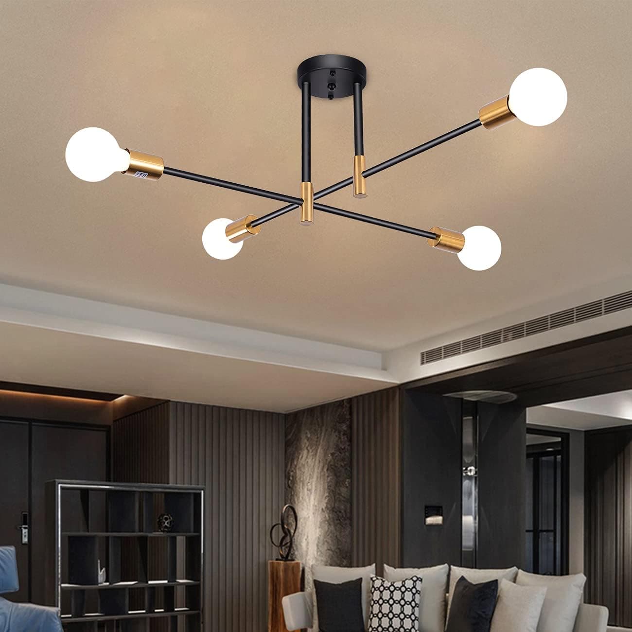 LASENCHOO Modern Ceiling Light Fixture, 4-Lights Sputnik Chandeliers Black & Gold, Sputnik Light Fixtures Ceiling Flush Mount, Mid Century Pendant Light with Adjustable Arms for Bedroom Living Room