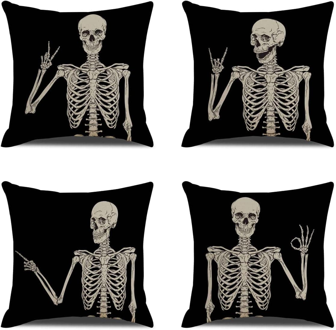 QIQIANY Halloween Skeleton Pillow Cover Set of 4 Vintage Halloween Skull Decoration Pillow Cover Cushion Cover 18x18 Inch