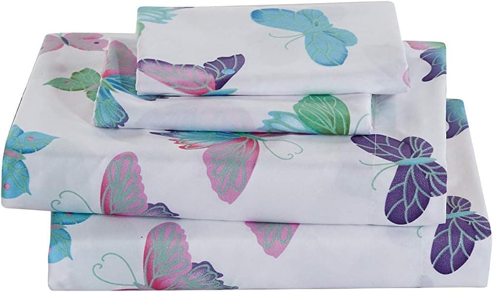Linen Plus Sheet Set for Girls/Teens/Adults Butterflies Purple White Green Turquoise Pink Butterfly Flat Sheet Fitted Sheet and Pillow Cases Queen Size New