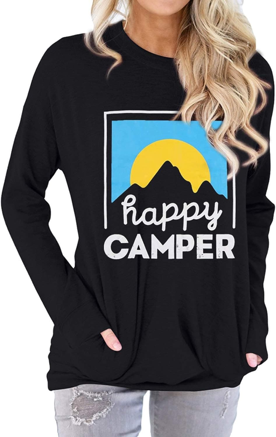 Women Happy Camper Sweatershirts Long Sleeves Loose Fit Casual Pullover Pocket Tops Blouse