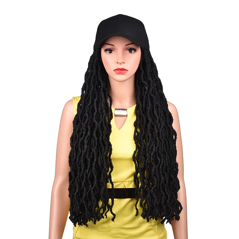 GUOJIAN Black Baseball Cap with Faux Locs Crochet Hair Extensions for Women Girls Adjustable Hat with Synthetic Wig Attached 24 Inch Long Ombre Dreadlocs Hair