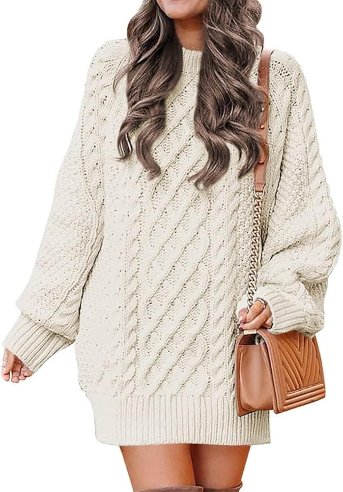 Koinshha Women's Long Sleeve Crew Neck Sweater Dress Solid Color Cable Knit Casual Loose Pullover Dresses Coats