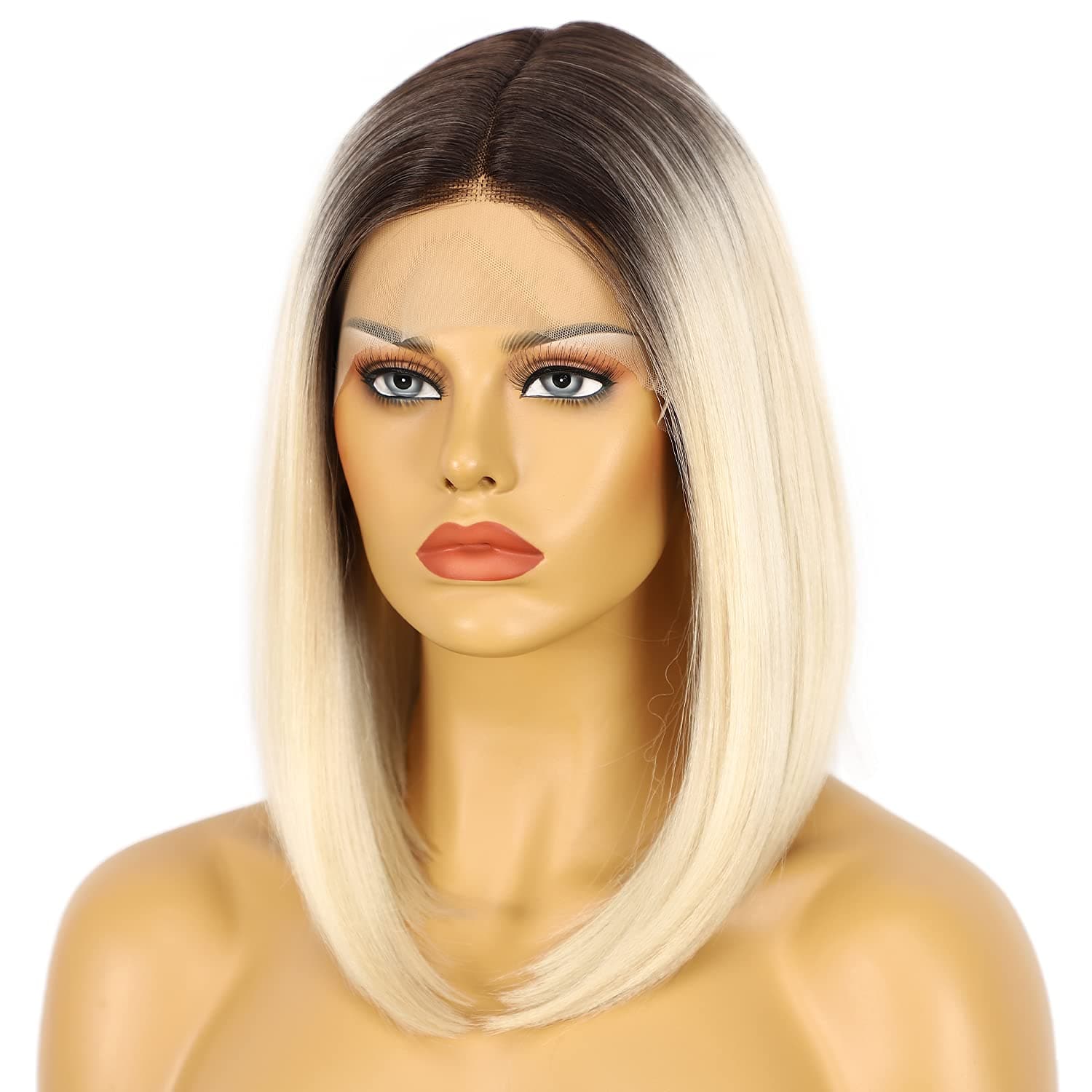 BABEHERS Blonde(#613) Ombre Short Bob Wig Deep T-Part Lace Front Wigs 2 Tones 14 Inches Straight Shoulder Length Synthetic Bob Wigs for Black Women Hair Replacement Wigs Daily Use, Parties