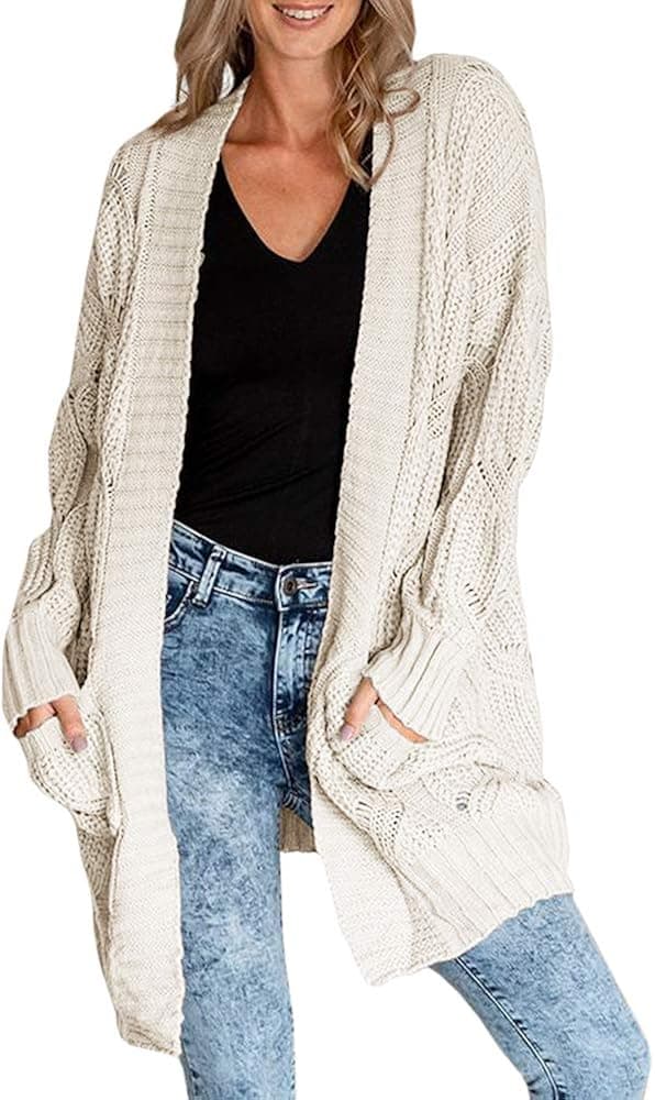 Yskkt Womens Boho Open Front Cardigans Sweaters Plus Size Cable Knit Long Sleeve Oversized Cloak Outerwear with Pockets