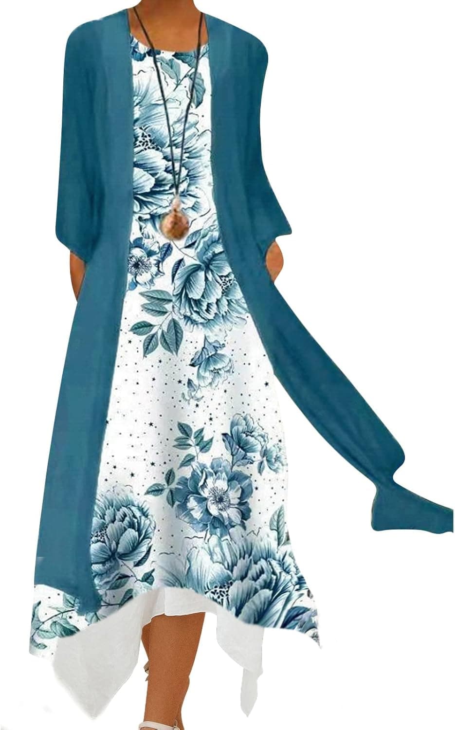 Honwenle Women Linen Maxi Dress Floral Print Flowy Irregular Hem Sleeveless Dress with Long Jacket 2 Piece Set Wedding Guest