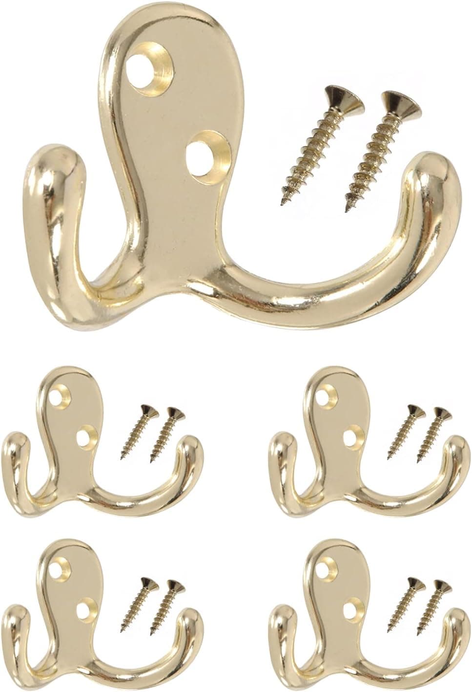 HOWTOOL Double Robe Hook 5 Pack Brass with Screws Towel Coat Hat
