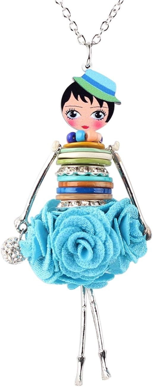 BONSNY Paris Handmade Doll Necklace Dress Pendant Alloy Metal Crystal Flower Shell Long Chain