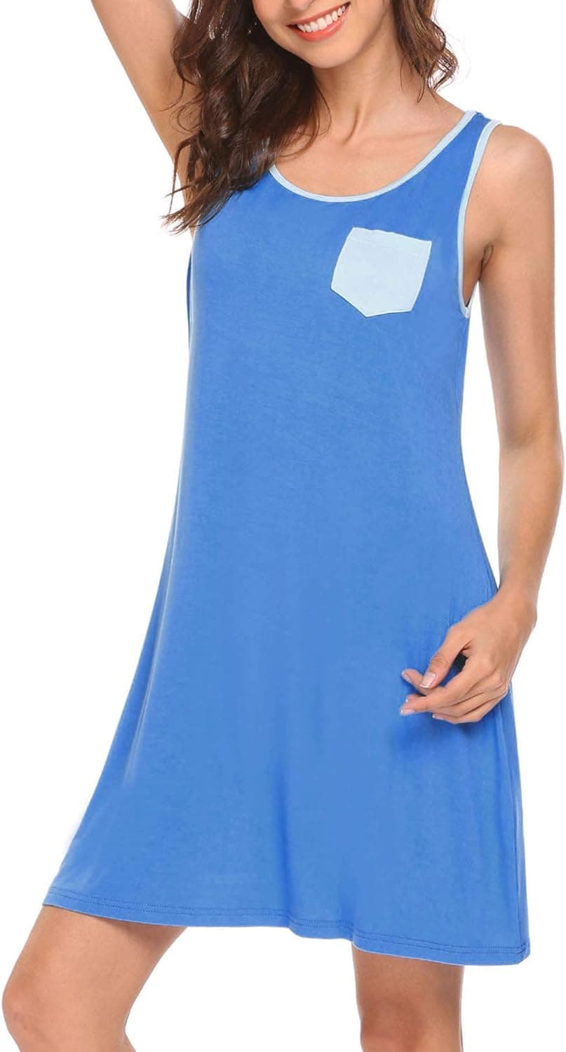 HOTOUCH Women's Sleep Dress Long Length Nightshirt Cotton Blue S-XXL