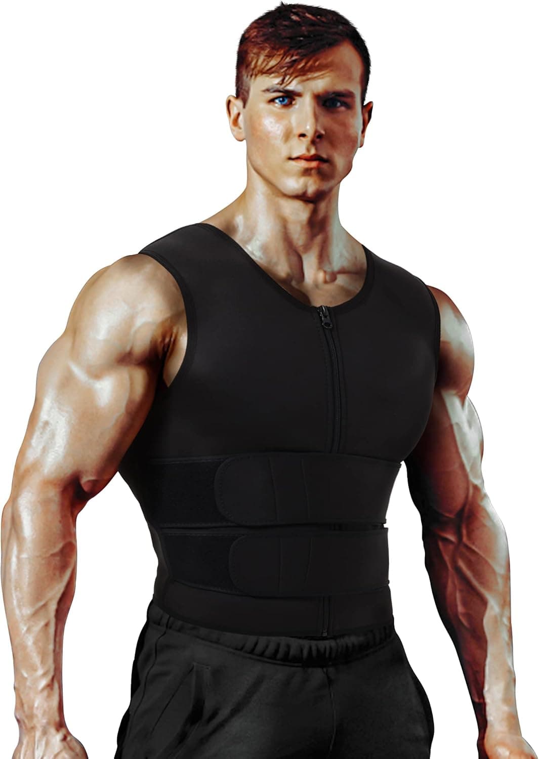 Bakerdani Sauna Vest for Men Waist Trainer Zipper Neoprene Tank Top with Adjustable Sweat Belt, Gym Workout Suit