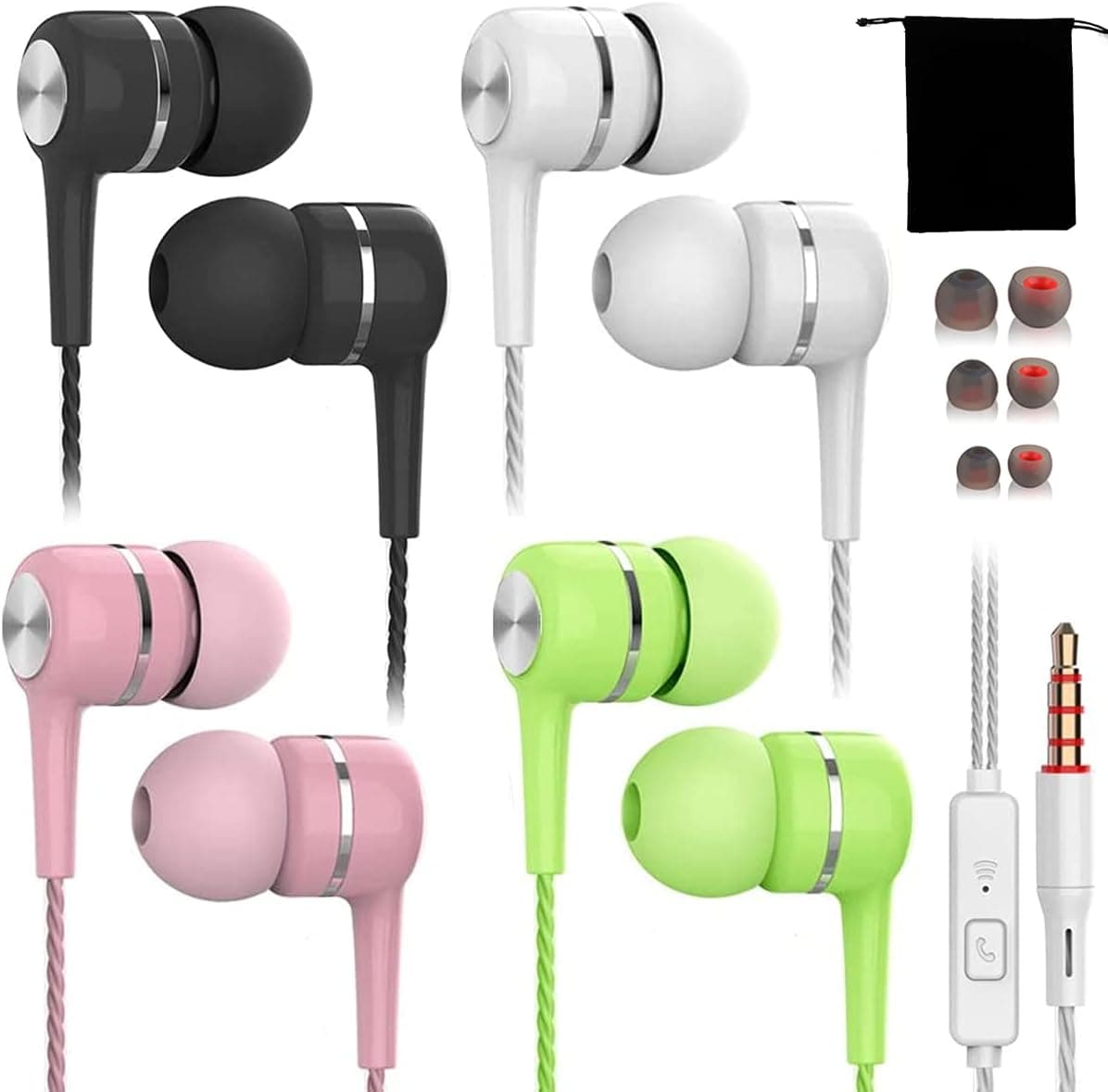 electromott 4 Multi Pack Headphone with Microphone Earphones for iPhone Android Phones Earbuds Wired Ear Electronics Set Sturdy mic Cord Stereo Buds Smartphone Bulk Plug Laptop mac Computer