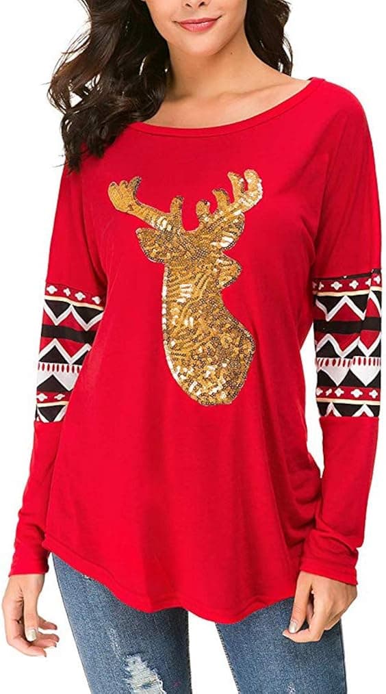 Qearal Womens Casual Long Sleeve Christmas Reindeer Sequin T Shirt Blouse Tops