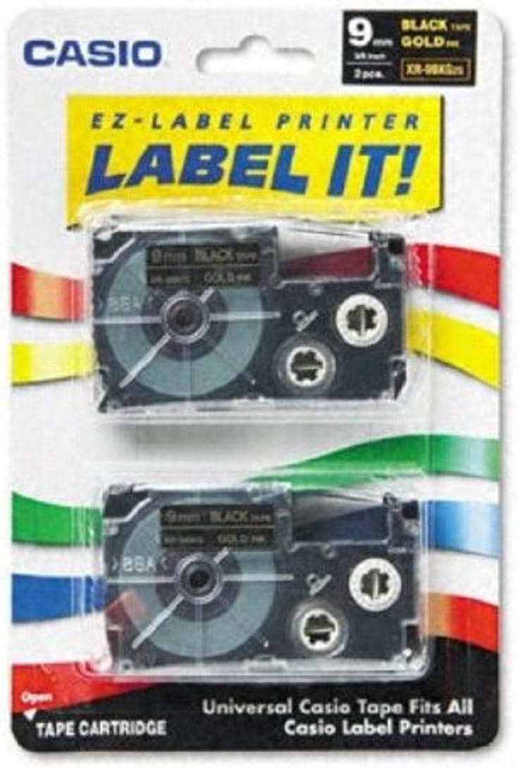 Casio XR-9BKG2S, 1/4""(9mm) Labelling Tape, Gold on Black, Pack of 2 (XR9BKG2S)