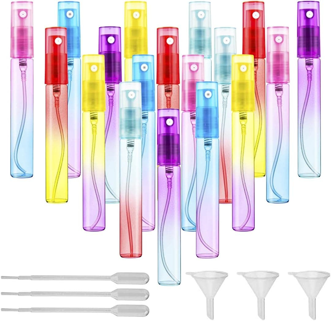 YU FENG 18pcs Mini Perfume Spray Bottles 8 ml Fine Mist Empty Colorful Glass Perfume Atomizer Sprayer with Funnels Droppers for Cleaning, Essential Oil, Liquid