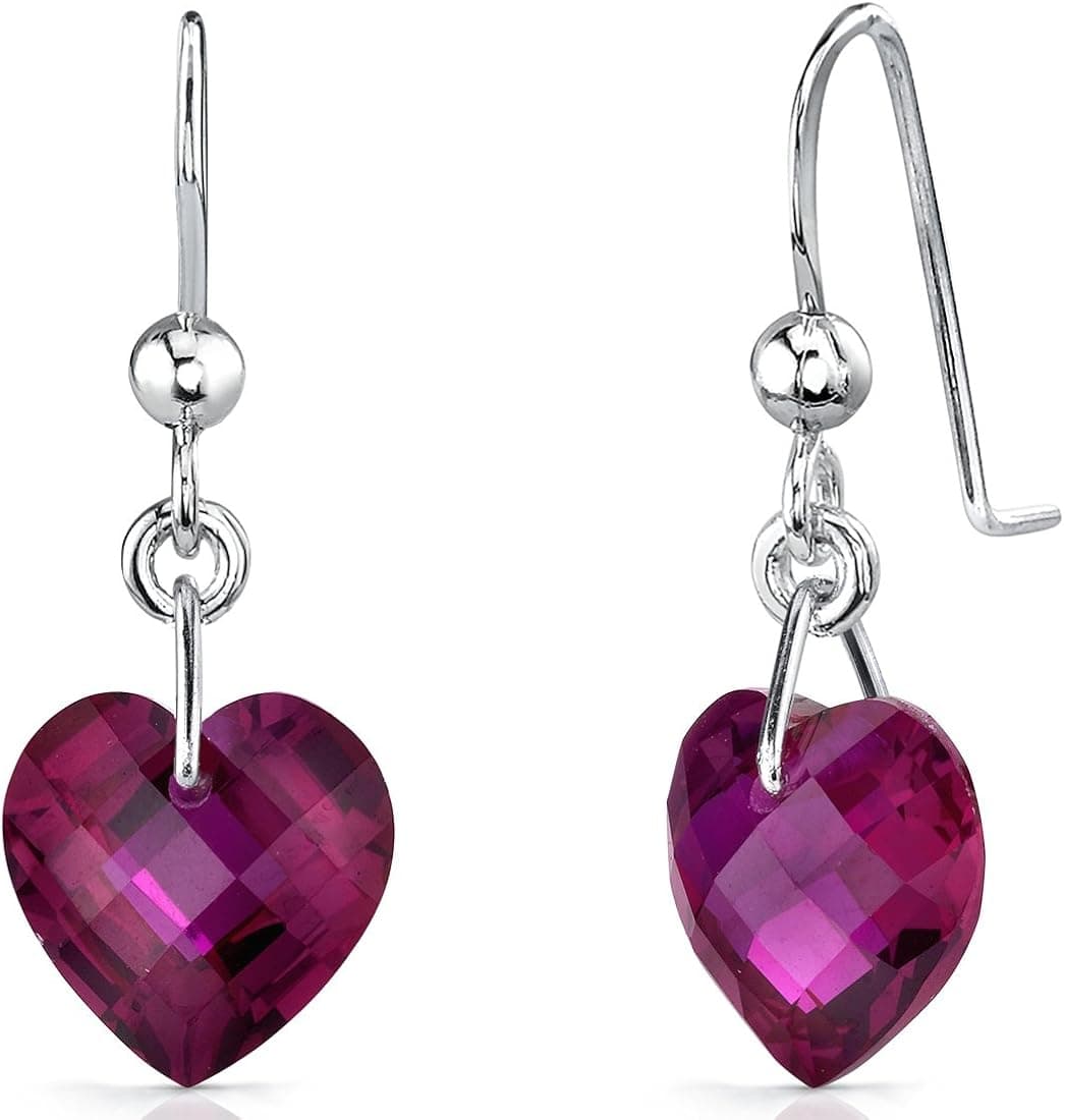 Peora Created Ruby Heart Earrings for Women 925 Sterling Silver, 9.50 Carats total 10mm, Dangle Drop Fishhook