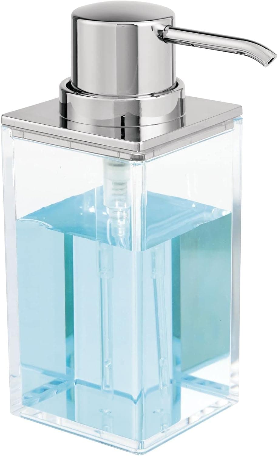 mDesign Modern Square Plastic Refillable Liquid Soap Dispenser Pump Bottle for Bathroom Vanity Countertop, Kitchen Sink - Holds Hand Soap, Dish Soap, Hand Sanitizer, Essential Oils - Clear/Chrome