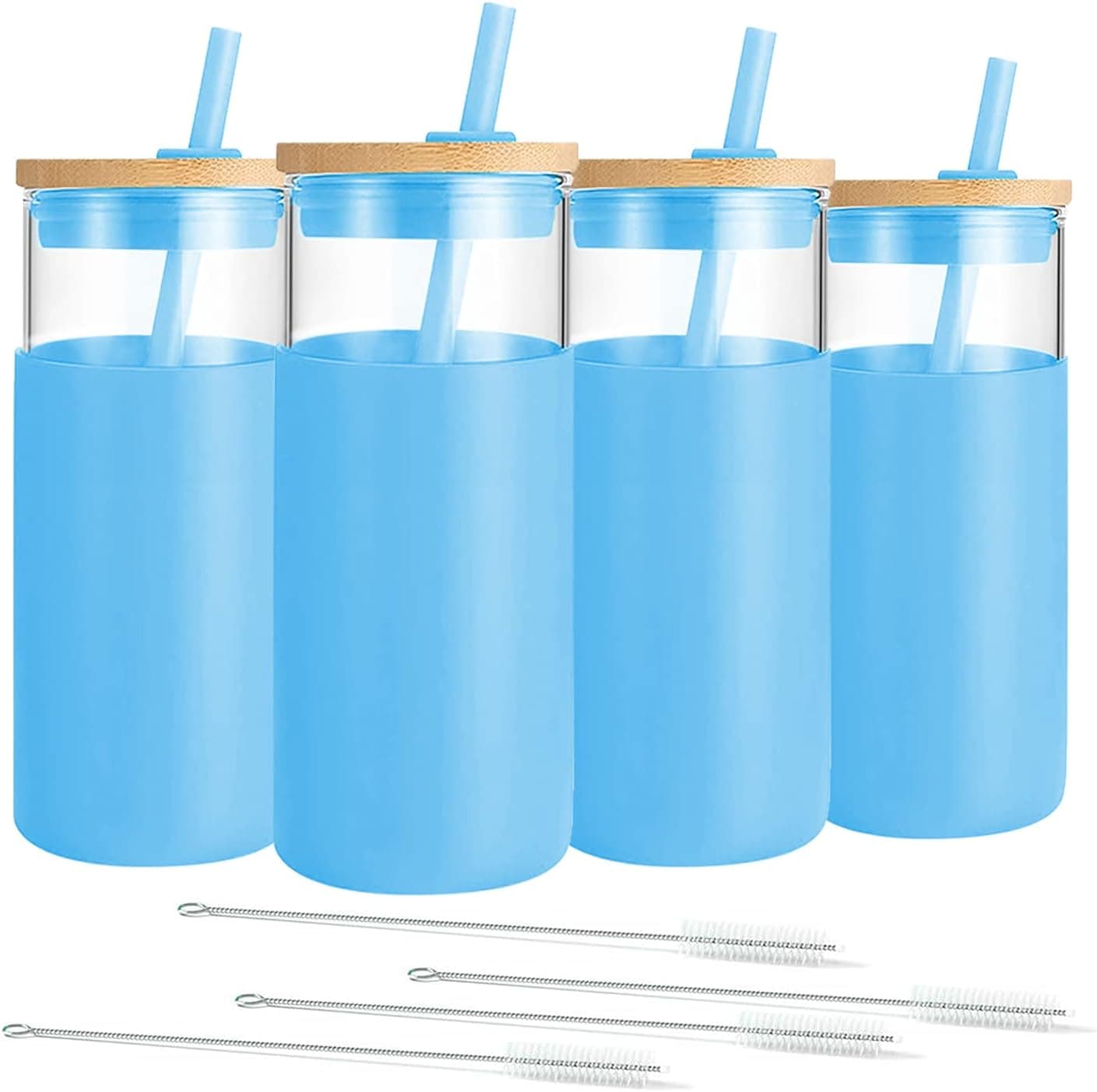 Deitybless 4 Pack 20 Oz GlassTumblers Lids and Straws with Silicone Protective Sleeve, BPA Free Reusable Water Bottles(Blue)