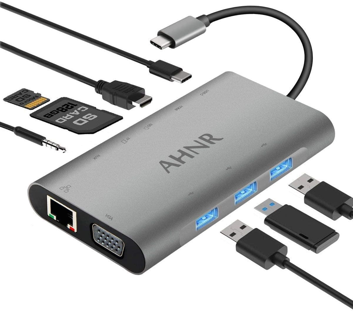 USB C Hub, 10-in-1 Type C Adapter, AHNR Thunderbolt 3 Hub with 4K HDMI, VGA, Gigabit Ethernet, 3 USB 3.0, SD/TF, Audio/Mic, USB-C Power Delivery Port, for MacBook Pro, Google Chromebook