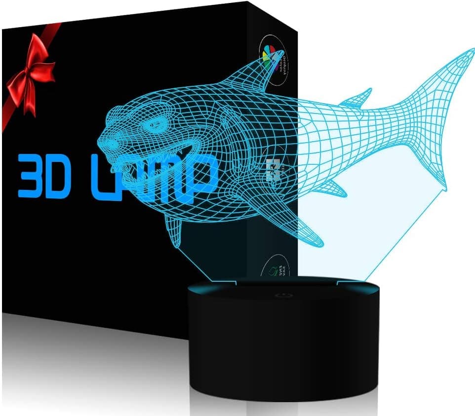 3D Shark Night Light LED Illusion Lamp YKLWORLD 7 Color Changing Table Lamps Touch Control with USB Cable Bed Room Decor Festival Birthday Gifts Toys for Kids Boys Children