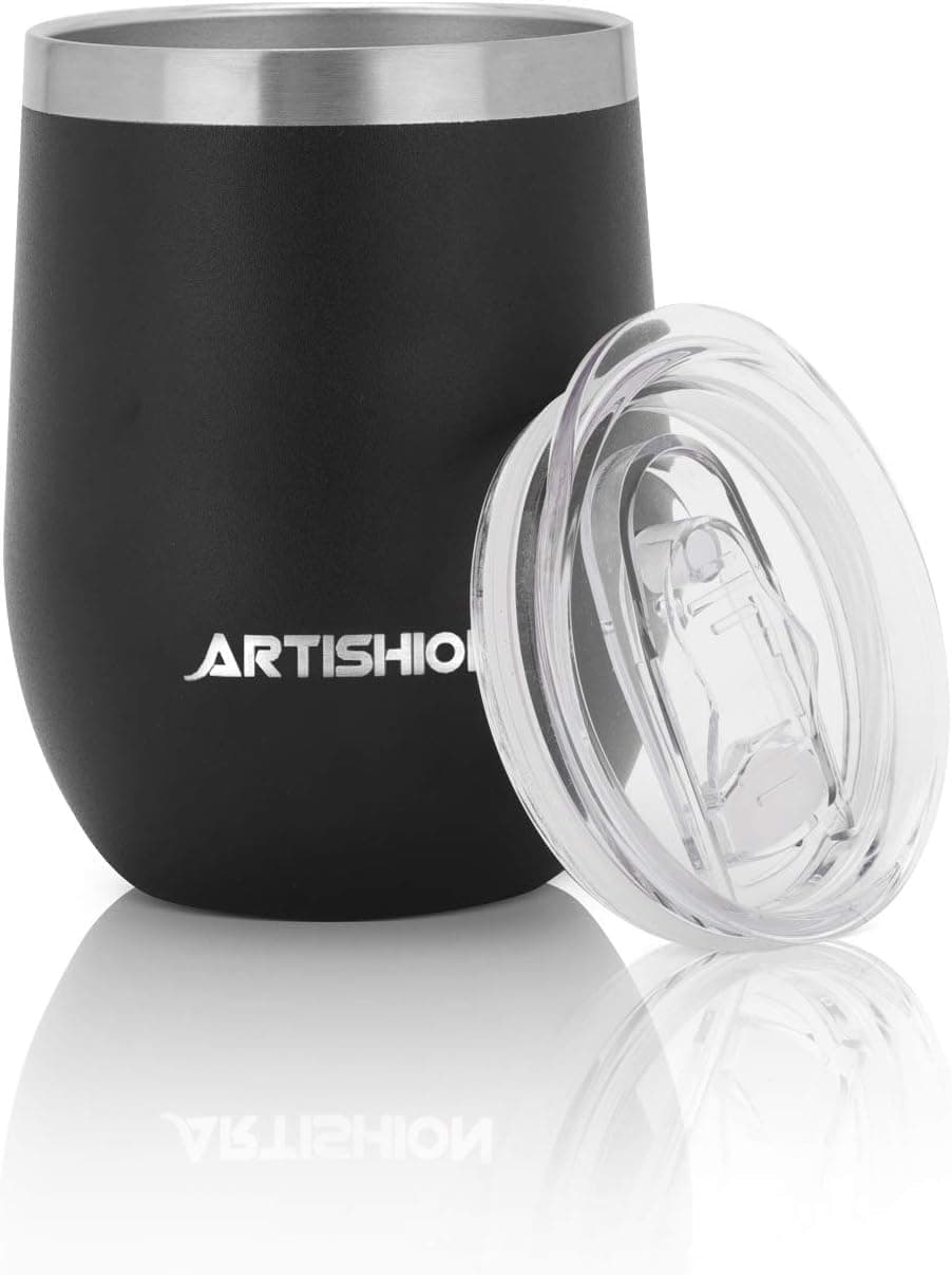 ARTISHION 12oz Insulated Stemless Wine Tumbler with Sliding Lid, Stainless Steel Double Wall Vacuum Travel Tumbler Cup Travel Mug Tea Coffee Cup for Hot & Cold Drink, Cocktail, Beer (Black)