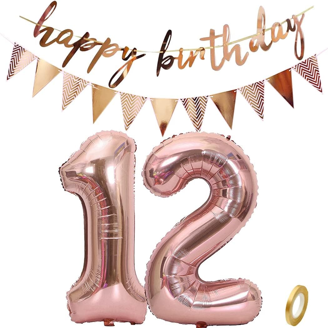 Daimay Birthday Party Decorations Set Rose Gold Number 12 Foil Balloons Shiny Happy Birthday Letter Sparkly Paper Pennant Banner Bunting Hanging Decor for Happiness 12th Birthday