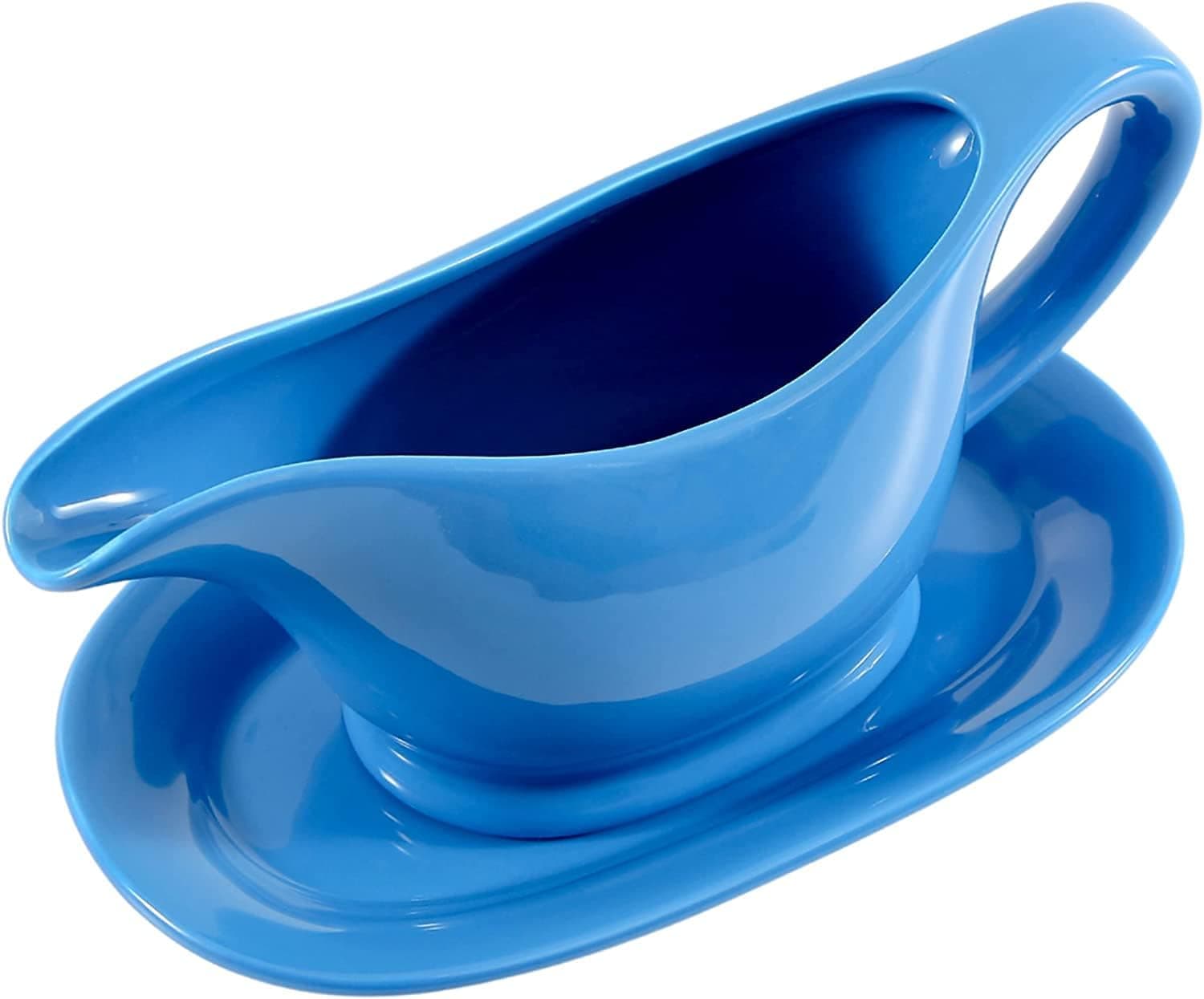 Bruntmor 20 Oz Blue Ceramic Gravy Boat With Tray, 20 Ounce Large Farmhause Gravy Boat With Saucer For Thanksgiving And Christmas Dinner Table Decoration
