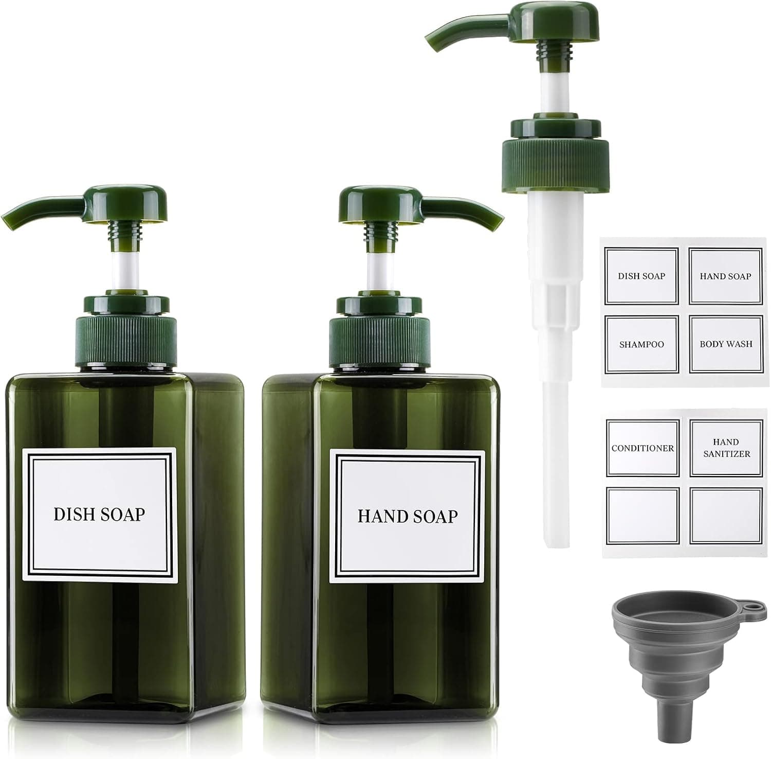 15oz Pump Dispenser for Bathroom, INSFIT Refillable Plastic Pump Bottles, Dish Soap Dispenser for Kitchen Sink, Hand Soap Dispenser, Laundry Detergent Dispenser with Waterproof Labels, 2 Pack Green