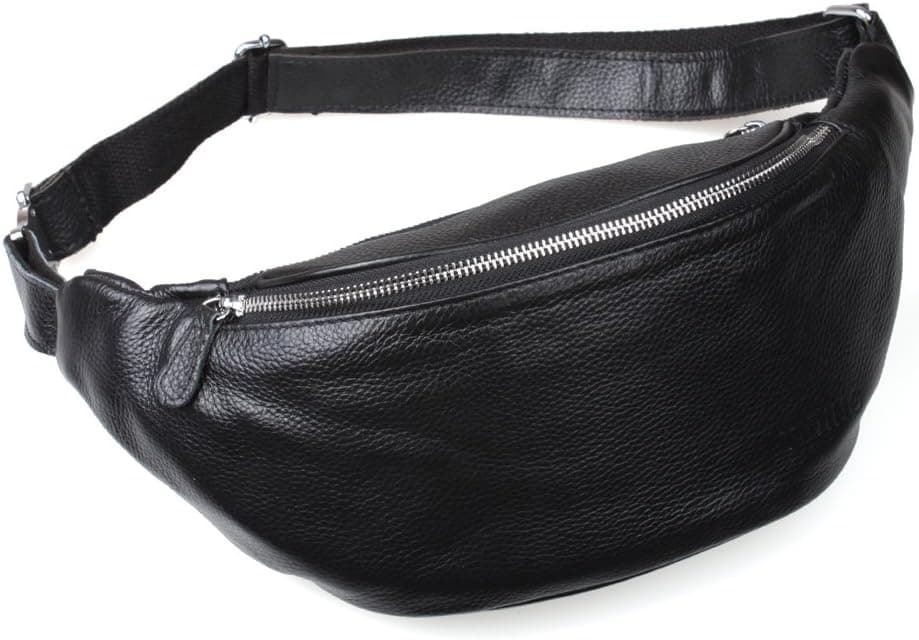 TIDING Men's Black Genuine Leather Casual Style Outdoor Waist Bag