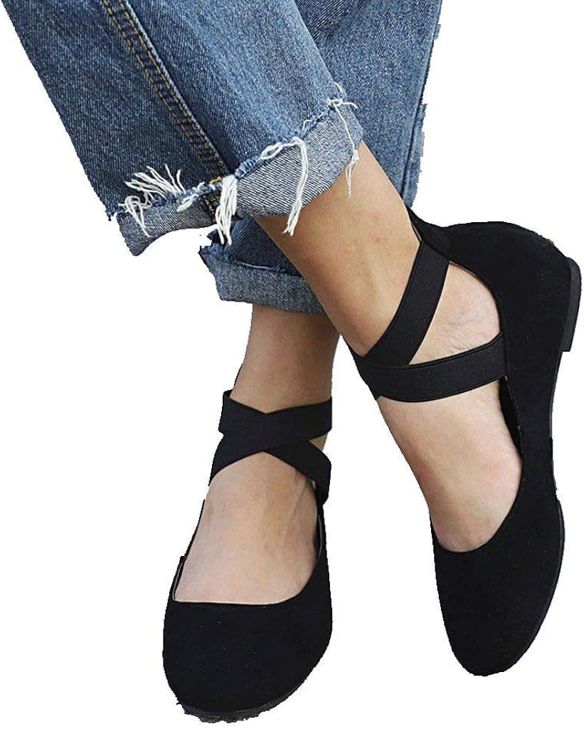 Ballet Flat Shoes for Women Closed Pointed Toe Criss-Cross Elastic Ankle Strap Summer Comfort Sandals