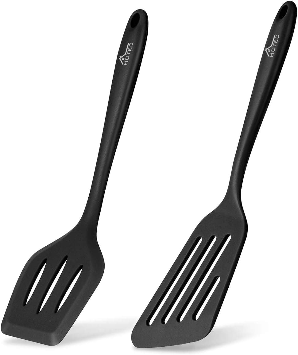 HOTEC Silicone Slotted Fish Turner Spatula Set Flipper Spatulas for Baking, Cooking Heat Resistant Non Stick Cookware Strong Dishwasher Safe Black,2