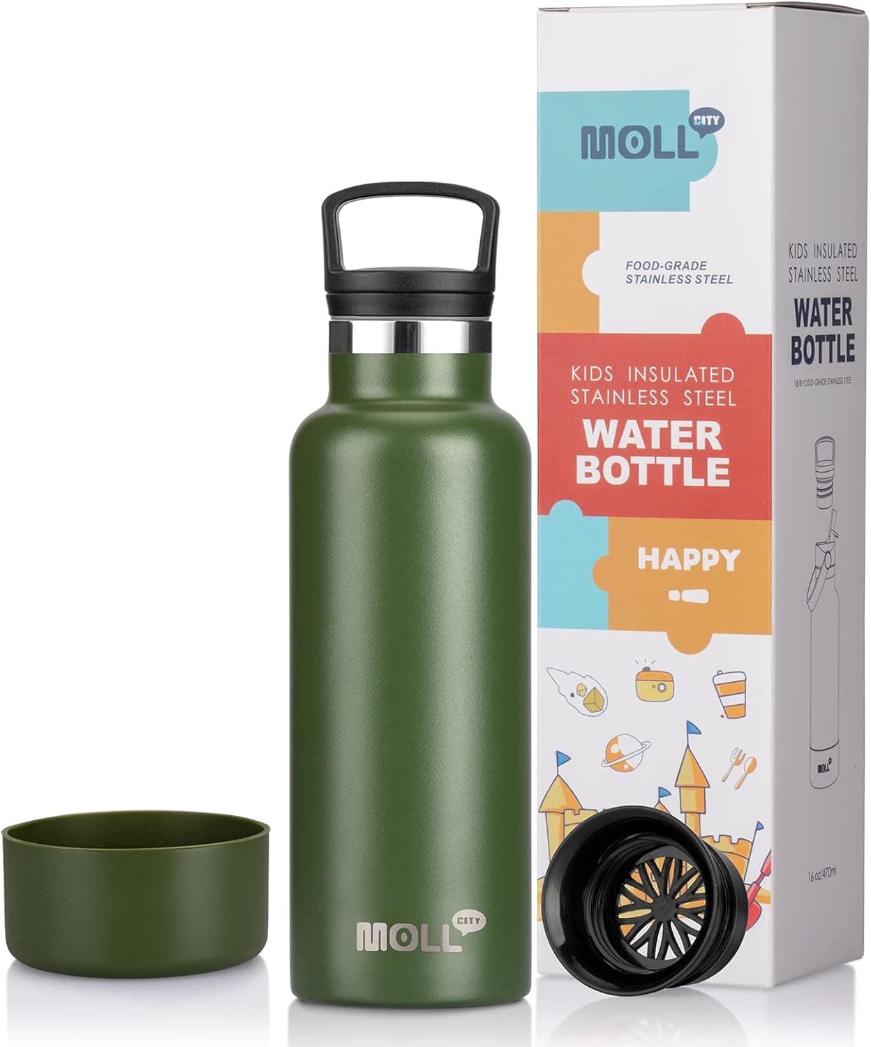 Kids Water Bottle, 16 oz Steel Insulated Bottle for(Grass Green)
