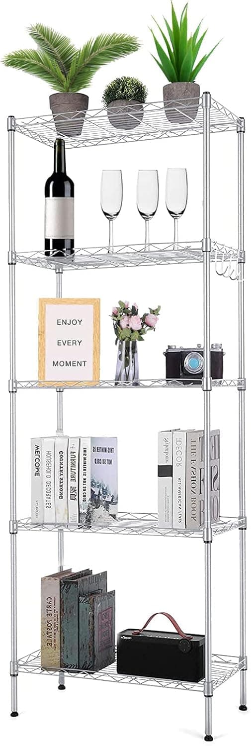 Likein 5 Tier Metal Shelving Unit, Wire Shelving with 21.5" x 11.6" x 59.3", Adjustable Wire Rack Shelving with 4 Hooks and Leveling Feet, Suitable for Living Room, Kitchen, Bathroom, Garage, Pantry