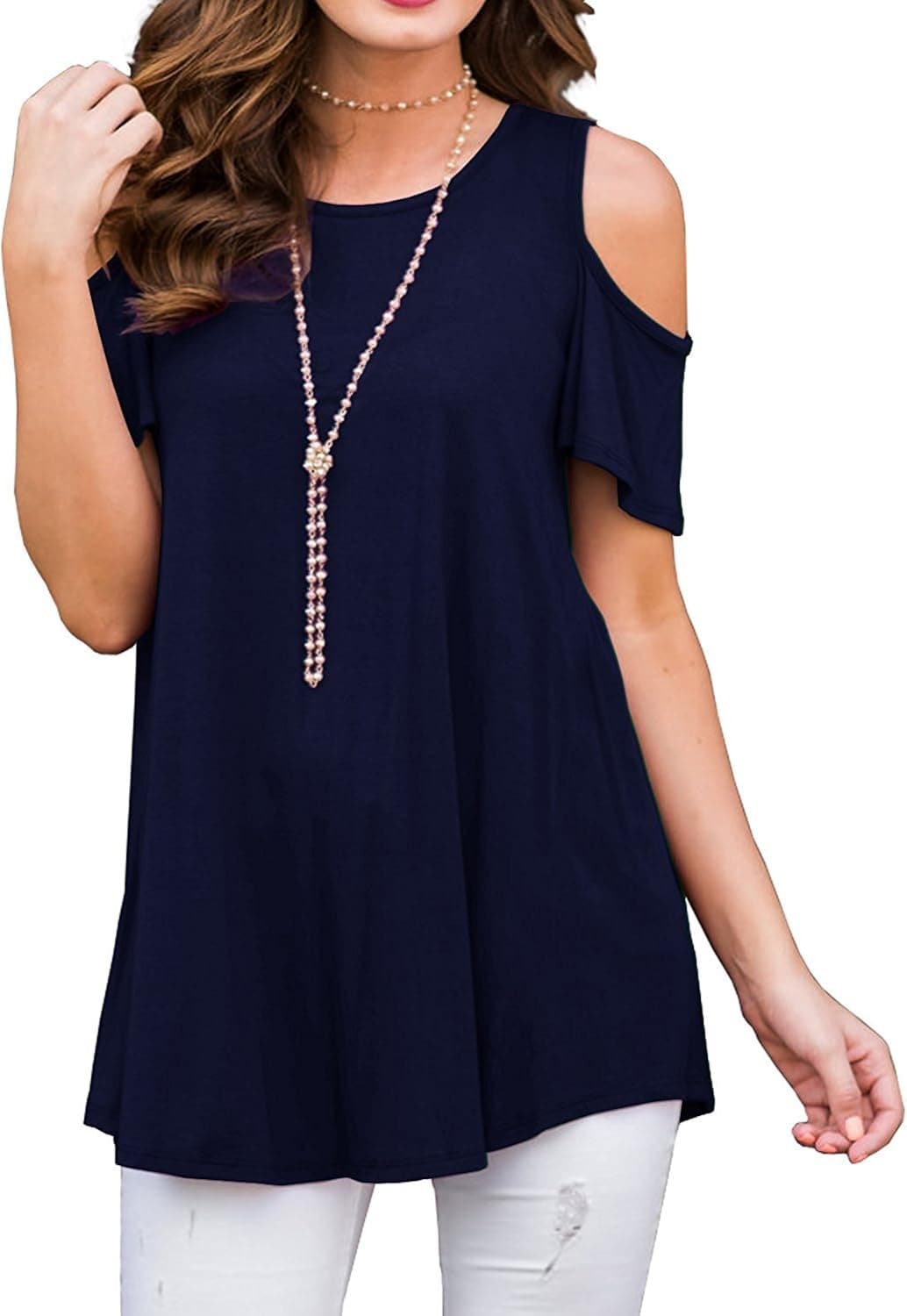 Meannic Cold Shoulder Summer Short Sleeve Ladies Junior Flowy Casual Loose Work Top Blouse Tunic for Women Navy Blue,L