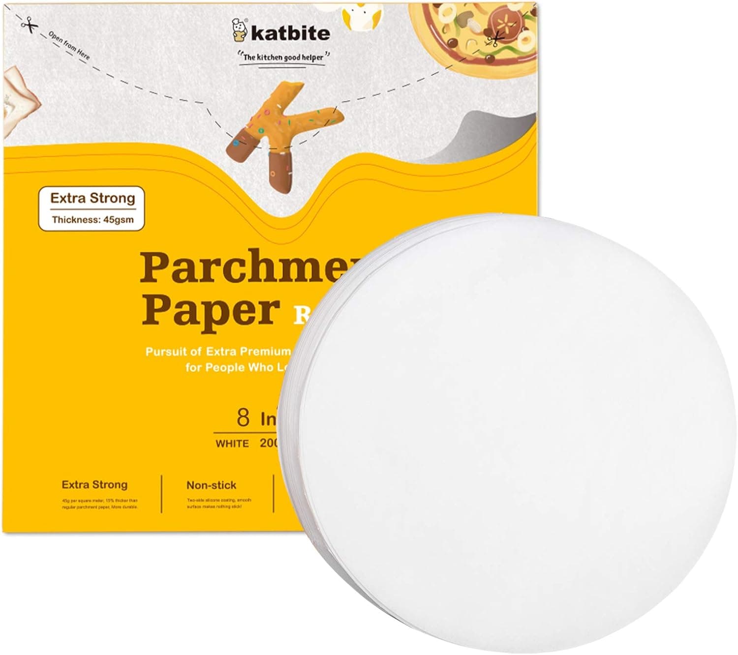 Katbite Heavy Duty Parchment Rounds 8 Inch 200 Pcs, Parchment Paper Rounds Available, Uses for Cake Baking, Air Fryer Liners