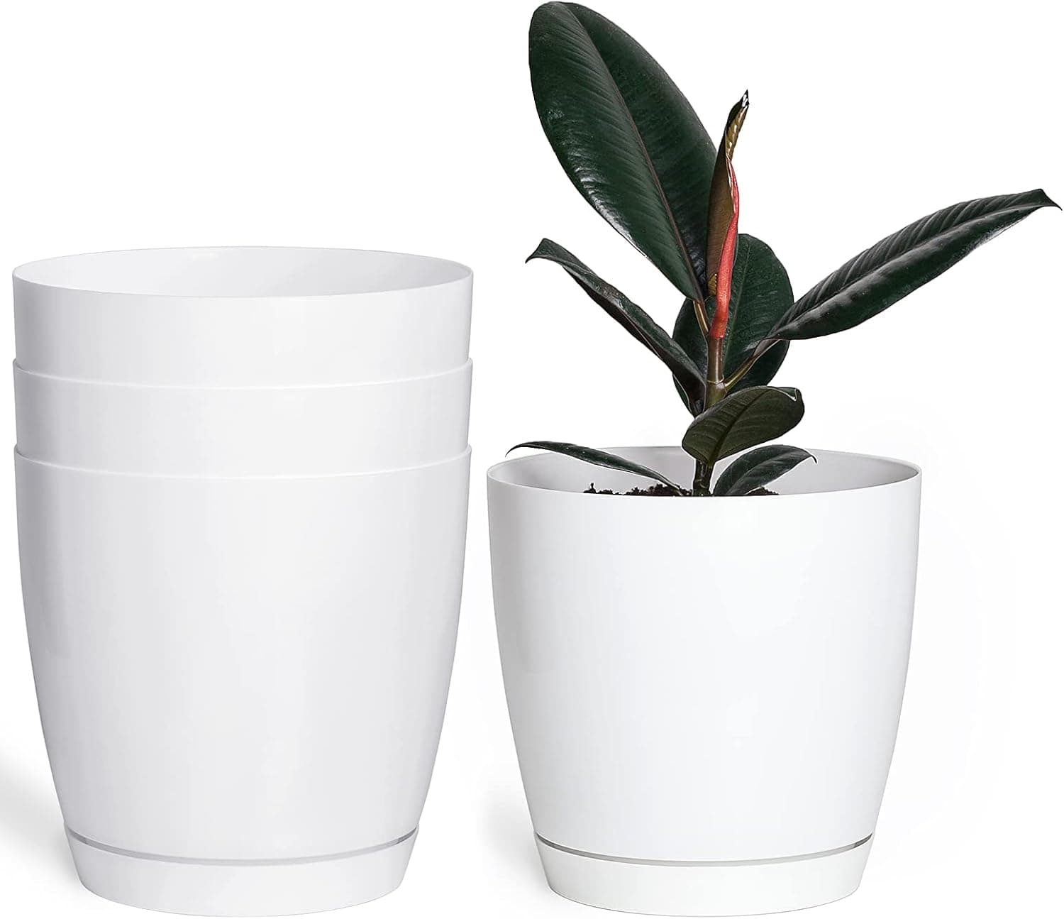 Flower Pots for Plants - 7,5 inch Gardening Plastic Round Planters with Saucer and Drainage Hole - Set of 4 White Large Indoor Plant Pot for Flowers, Succulents, Cactus - Home and Office Decor