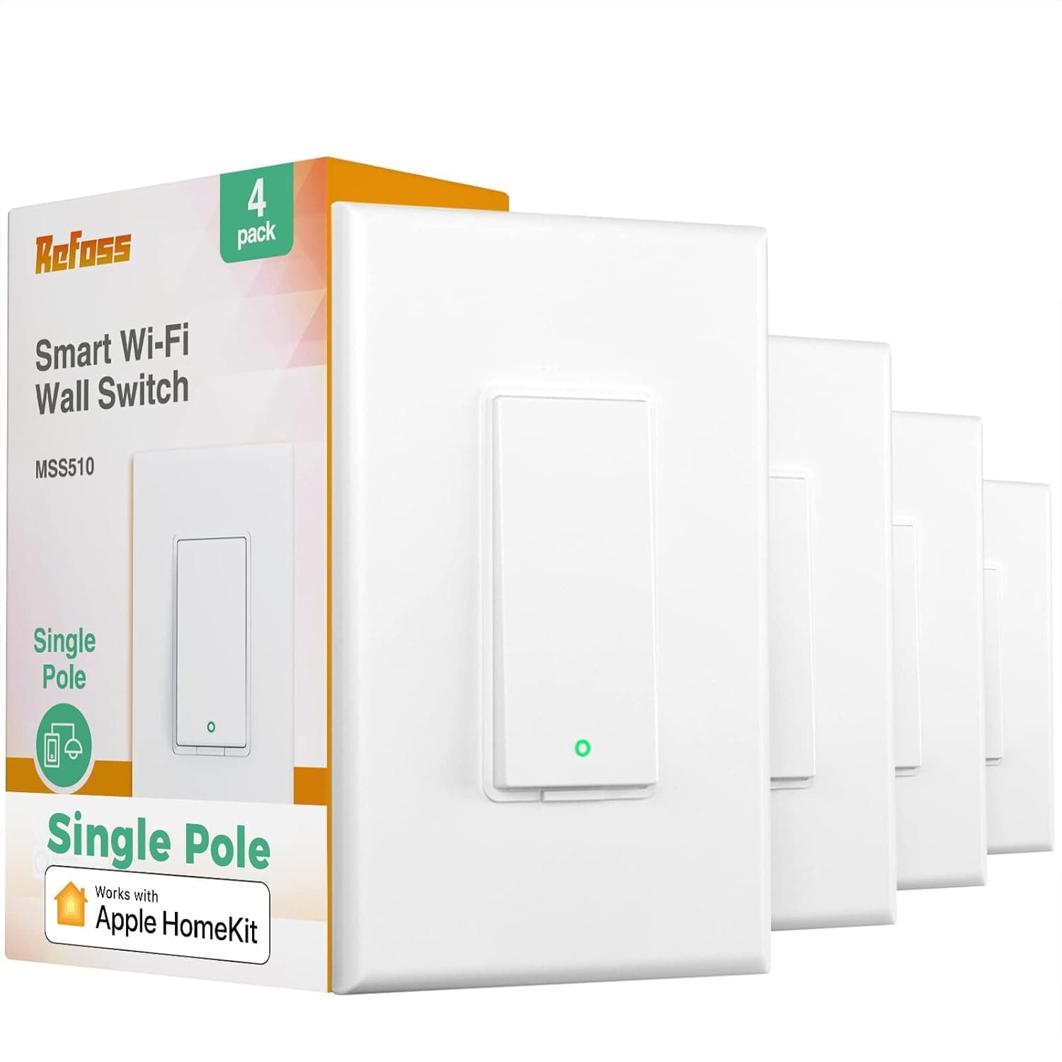 Refoss Smart Switch Single Pole 4 Pack, Smart Light Switch, Neutral Wire Required, Compatible with Apple HomeKit, Amazon Alexa, Voice Control, 120V AC, 2.4GHz Wi-Fi, No Hub Required