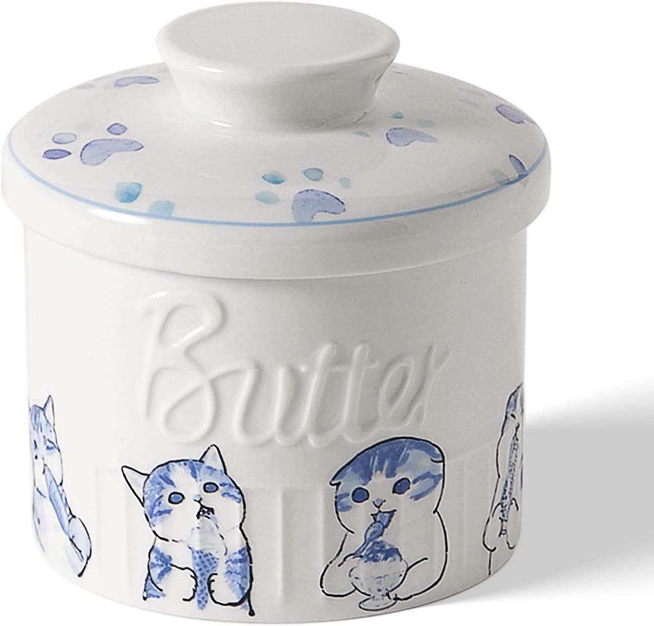 Toptier Butter Crock for Counter With Water Line, On Demand Spreadable Butter, Ceramic Bell Style Butter Keeper to Leave On Counter, French Butter Dish with Lid, (Greedy Cat War)