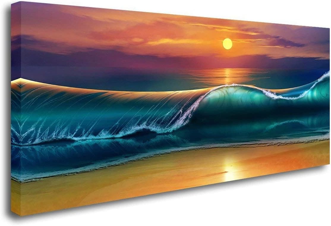 SkywardArt Canvas Art Wall Decor Sunset Beach Blue Red Waves Ocean Art Large Modern Artwork Canvas Prints Contemporary Pictures Framed Ready to Hang for Home Decoration