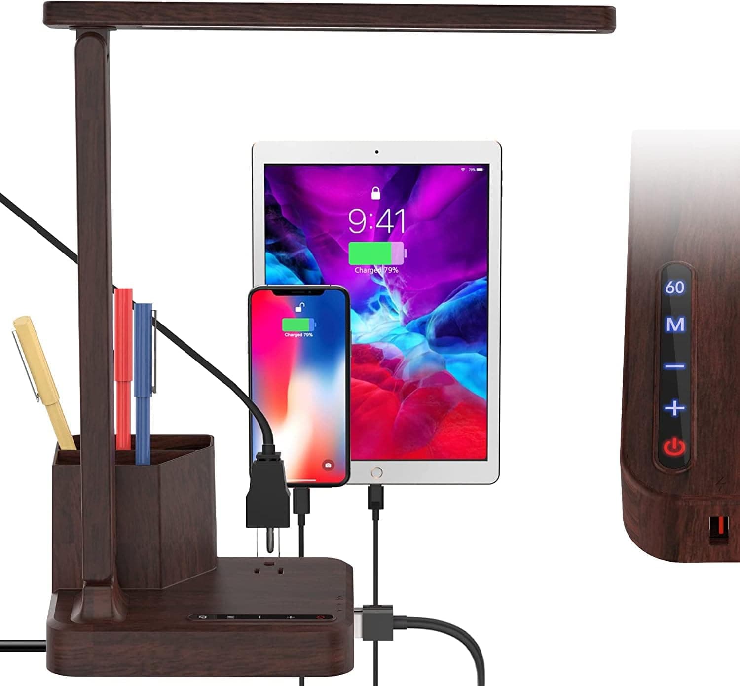 cozoo LED Desk Lamp with 3 USB Charging Ports,1 AC Outlet,2 Pen Holders,3 Color Temperatures 3 Brightness LevelsTouch/Memory/Timer Function,10W Eye Protection Foldable Reading Light,Study Lamp-Walnut