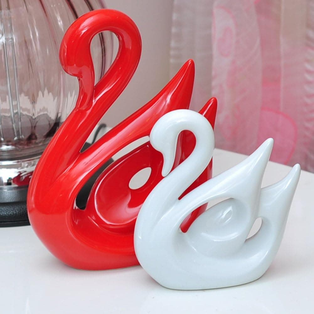 CHAO Set of 2 Swans Figures a Red a White Pottery Figurines Decoration Home Decor Accents Ceramic Ornament (Biger Red & Small White)