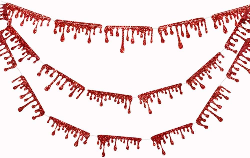 Glitter Red Blood Drop Garland Kit for Vampire Diaries Birthday Party Horror Creepy Halloween Decorations Zombie Flag Banner Decor for Bday/Birthday Party Supplies