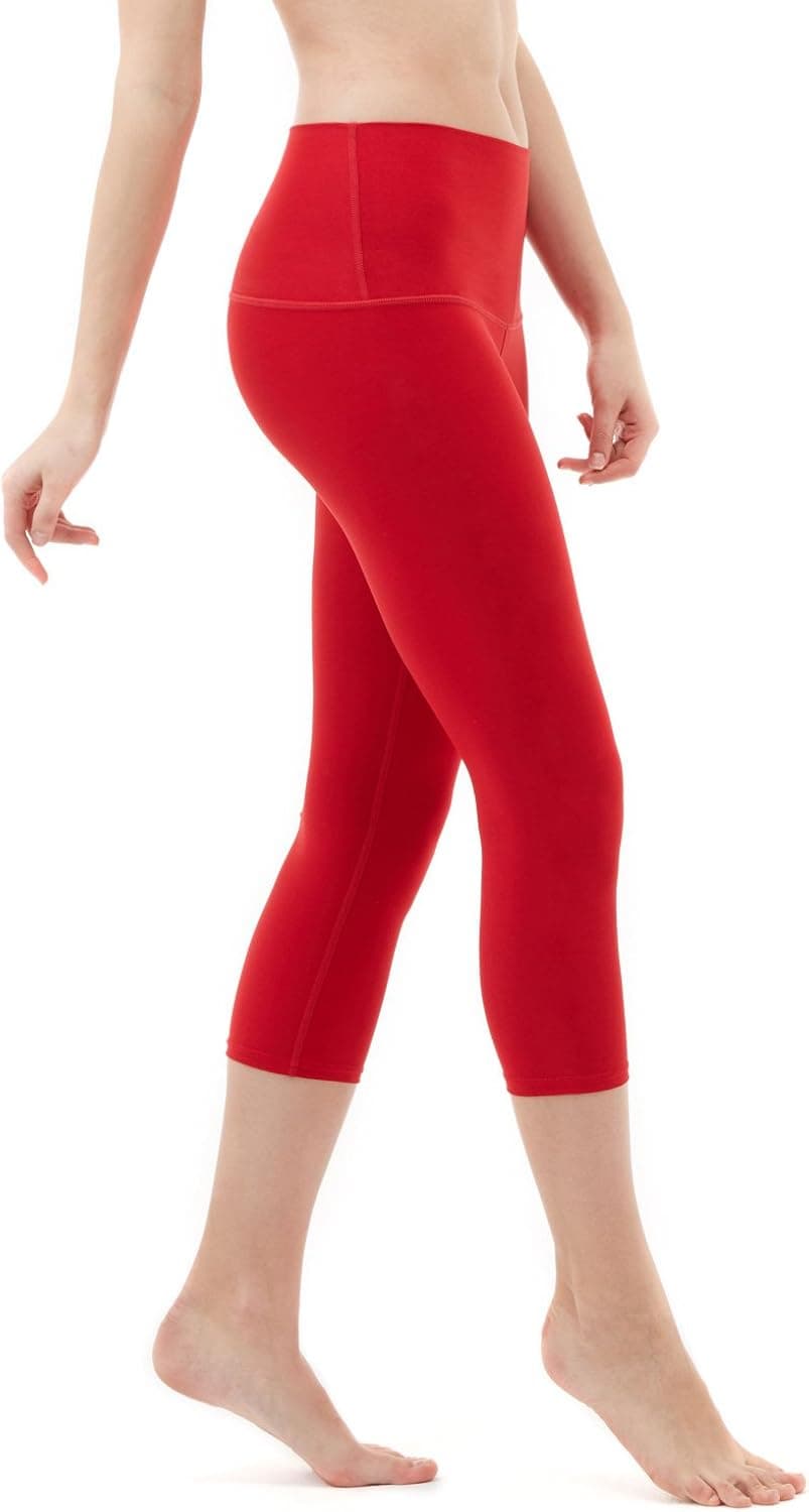 TSLA Mid/High Waist Yoga Pants with Pockets, Tummy Control Yoga Leggings, 4 Way Stretch Workout Running Tights, Capri Thick Contour(fyc32) - Red, Large