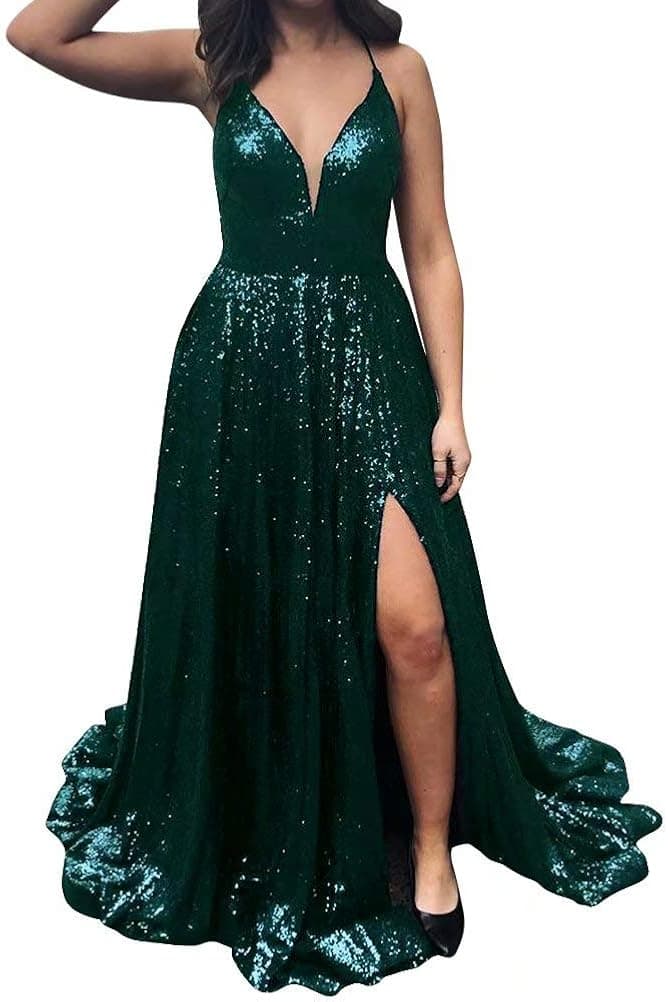 Women's Prom Dress Sequin Cross-Back High Slit Formal Ball Evening Gowns Sparkly