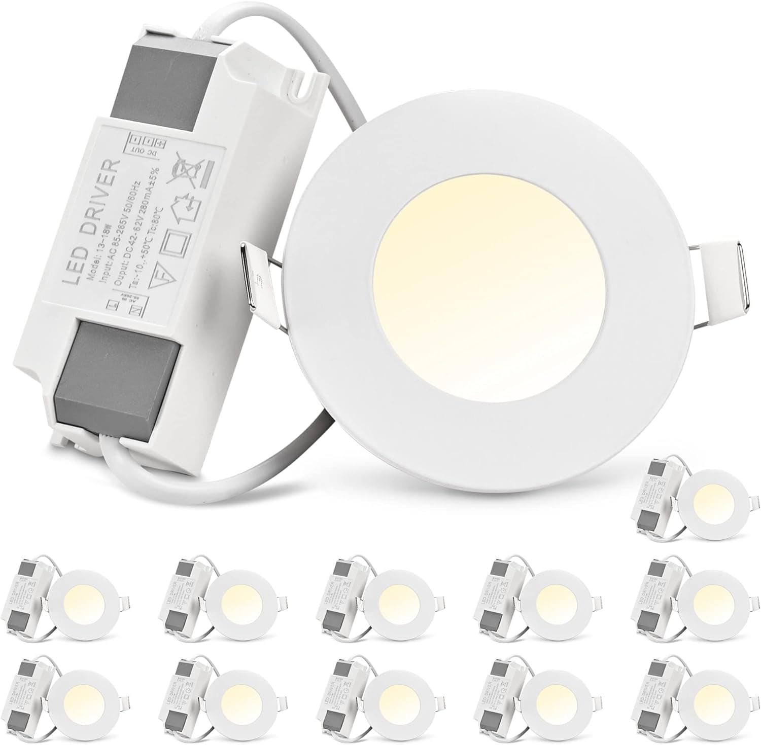 DELight 12 Pack 3 Inch LED Recessed Lighting 3CCT Ultra-Thin Ceiling Light 3000K/4000K/6000K Selectable 240LM Canless Downlight Bedroom Retrofit