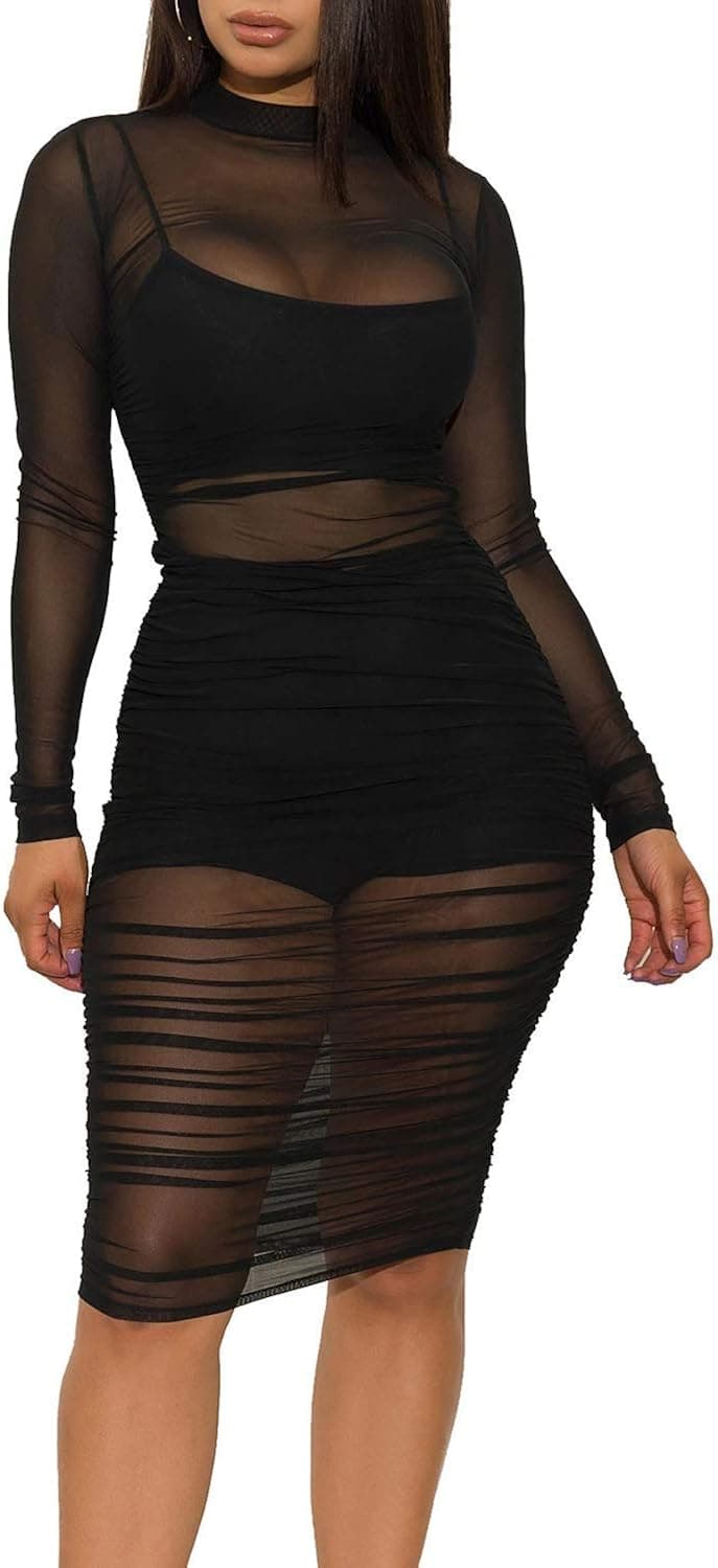 Sprifloral Women Long Sleeve Bodycon Dress - Sexy See Through Sheer Mesh Cover Up Ruched Dress Club Outfits