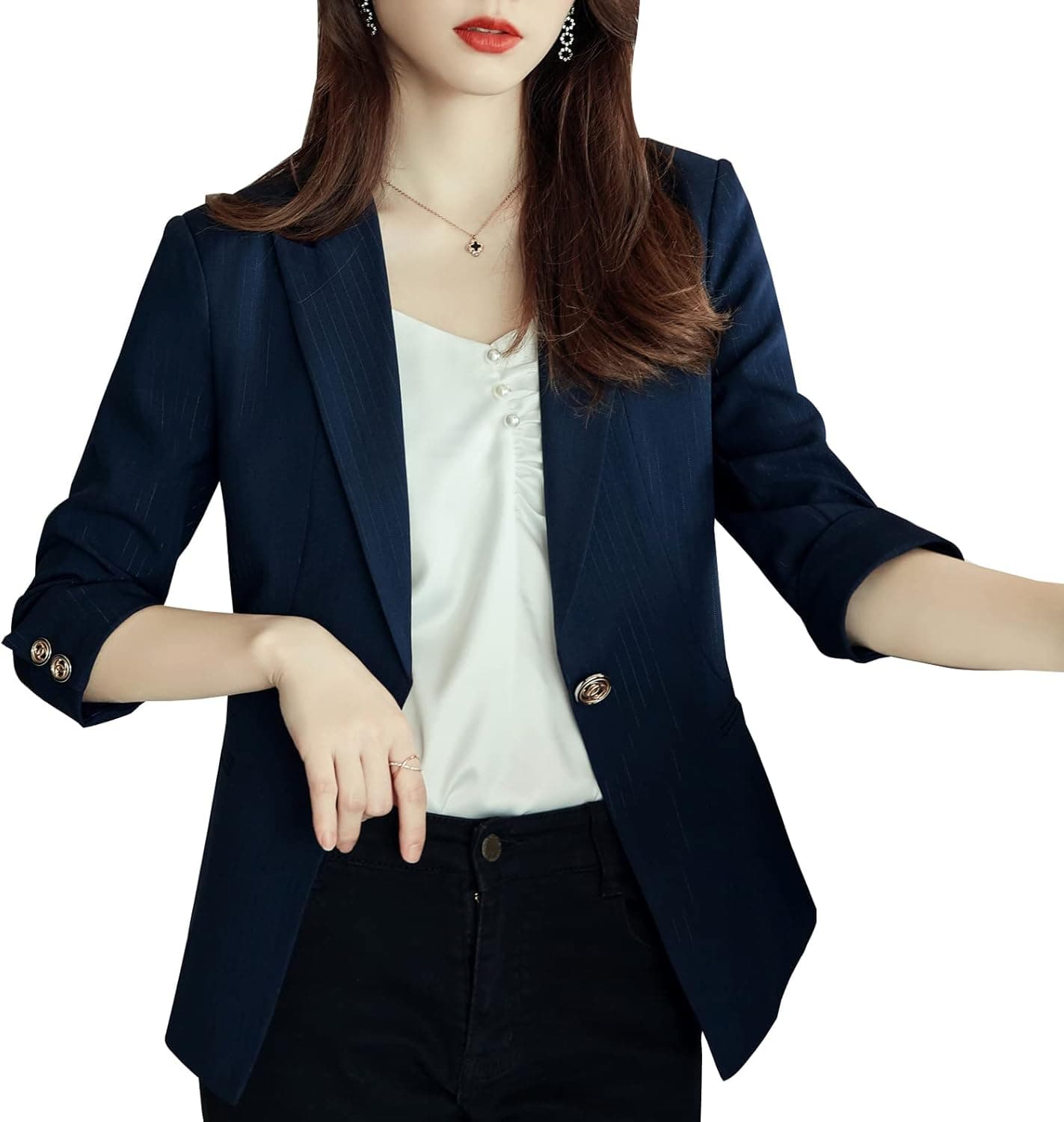 SUSIELADY Women’s Casual One Button Blazer Jacket Slim Fit Work Office Blazer Navywhite