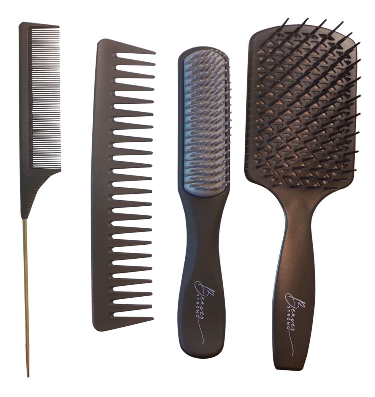 Detangling 4 Pcs Hair Brush & Comb Set For Men and Women, Great For Wet, Dry or Curly Hair (Black)